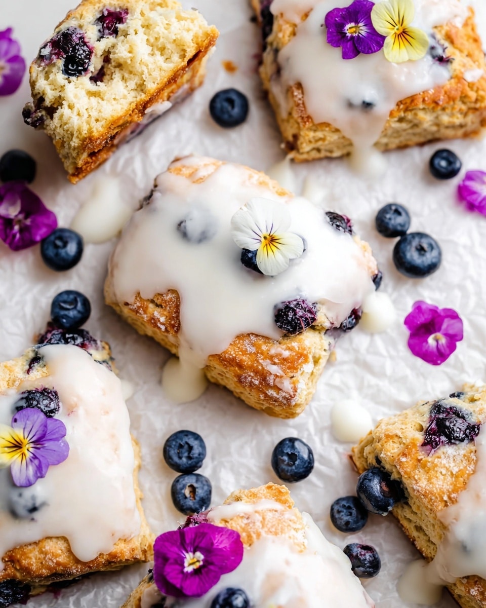 A stack of three golden-brown scones with visible blueberries inside sits on a white cutting board, each scone drizzled with white icing that slightly drips down the sides; the top scone has a bite taken out of it, showing a soft, crumbly inside with blueberries. There are more icing-coated scones scattered around the board along with small edible flowers in white and purple. To the right, there is a small bowl filled with fresh blueberries and a single scone half lying flat nearby. In the background, a stack of white plates and two clear glasses sit on a white marbled surface scattered with a few blueberries and flower petals. Photo taken with an iphone --ar 4:5 --v 7