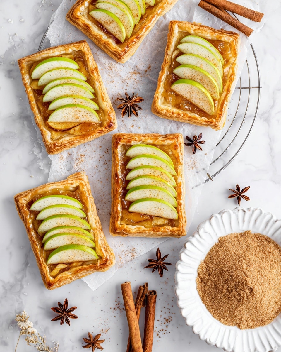 The image shows seven small rectangular puff pastries on a white marbled surface with white parchment paper underneath. Each pastry has three layers: a golden-brown, flaky puff pastry base, a shiny amber layer of fruit filling in the middle, and thinly sliced green apple slices arranged in a slightly overlapping fan pattern on top, dusted with a light layer of cinnamon powder. To the right side, there is a white scallop-edged bowl filled with coarse brown sugar and two cinnamon sticks resting on it. Small star anise pieces are scattered around the pastries. The scene is bright with a clean, minimal background, and the pastries are arranged mostly on a white cooling rack. Photo taken with an iphone --ar 4:5 --v 7