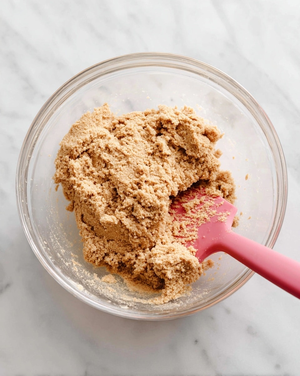 A clear glass bowl is placed on a white marbled surface, holding a crumbly, light brown dough mixture with a slightly rough texture. A pink spatula is partly inside the bowl, lifting some of the dough on its flat surface. The dough looks thick and dense, occupying about half the bowl, with small granules visible within the mix. Photo taken with an iphone --ar 4:5 --v 7