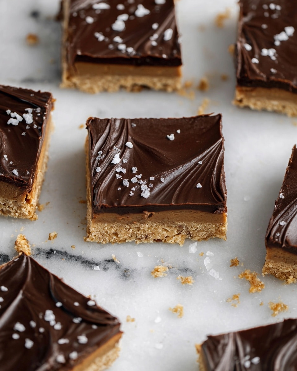 The image shows multiple rectangular bars that each have two layers: a thick, light brown base with a soft, crumbly texture, topped with a smooth, dark brown chocolate layer with subtle swirls. Some bars have small white flakes sprinkled on top. Two bars are stacked near the center, showing the layers clearly, while others are scattered on a white marbled surface. There are some blurred glass containers and white flowers in the background, creating a soft, clean look. Photo taken with an iphone --ar 4:5 --v 7