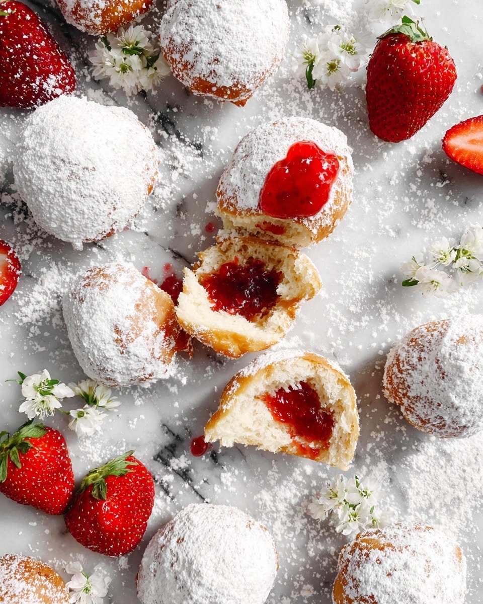 The image shows a tray lined with white parchment paper holding many small round pastries covered in a thick layer of white powdered sugar. Each pastry has a bright red strawberry jam filling visible through a small hole on top or a side. One pastry is open, showing a soft golden inside with red jam spread on it. Around the tray, there are fresh whole and halved strawberries and small white flowers scattered on a white marbled surface. To the right, there is a stack of white plates, and to the top left, a clear glass vase with a textured surface is partially visible with small white flowers around it. Powdered sugar is lightly dusted over the surface and pastries creating a light, soft appearance. Photo taken with an iphone --ar 4:5 --v 7