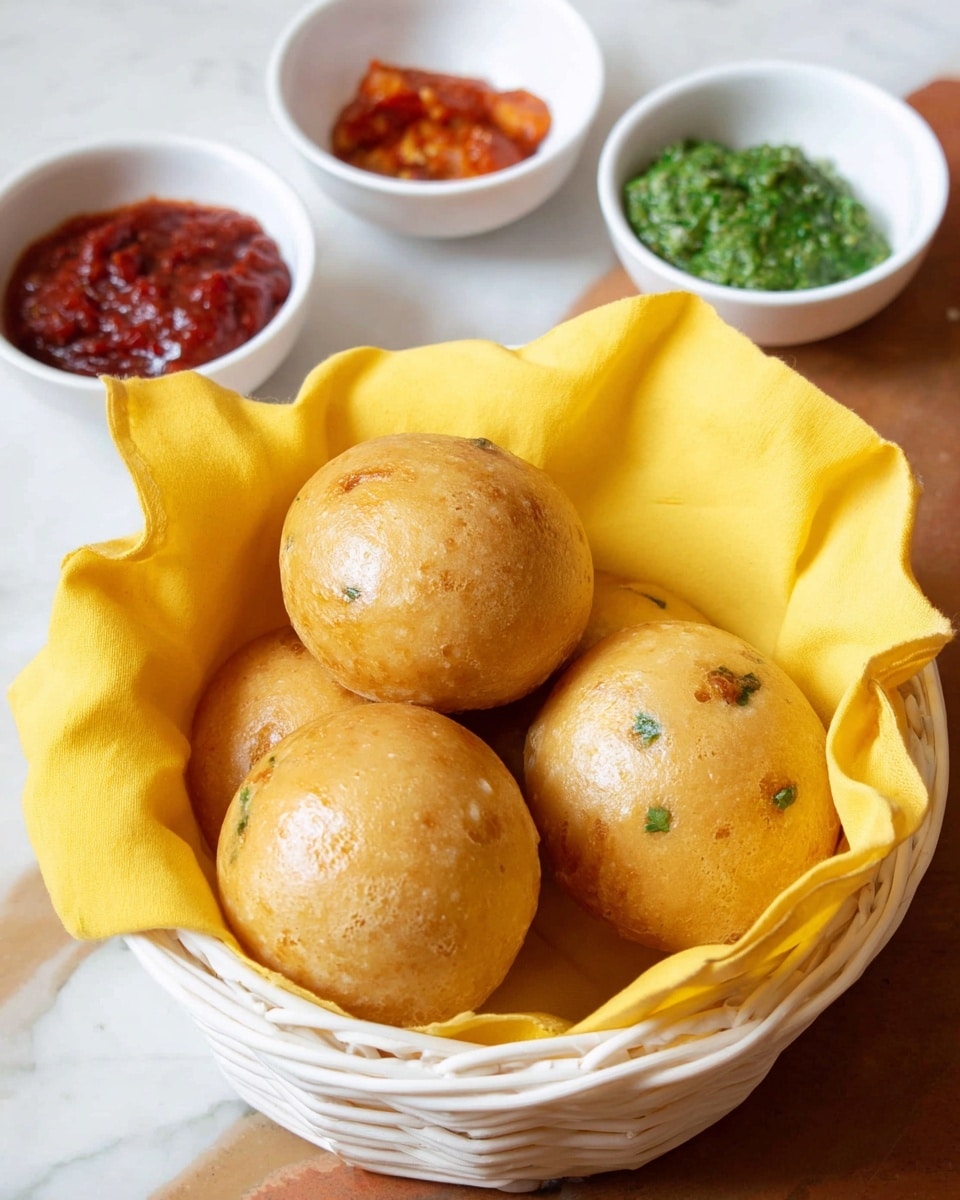 Three pani puri snacks are placed in a row on a long white rectangular plate. Each pani puri has a hollow white round base topped with a dark brown and green spicy mixture, then a golden-brown crispy round ball sitting on top, and a small dollop of bright green chutney with a sprinkle of red chili powder on the very top. In the background on the white marbled surface, there are more empty white pani puri shells and a small white bowl filled with red spicy powder. Photo taken with an iphone --ar 4:5 --v 7