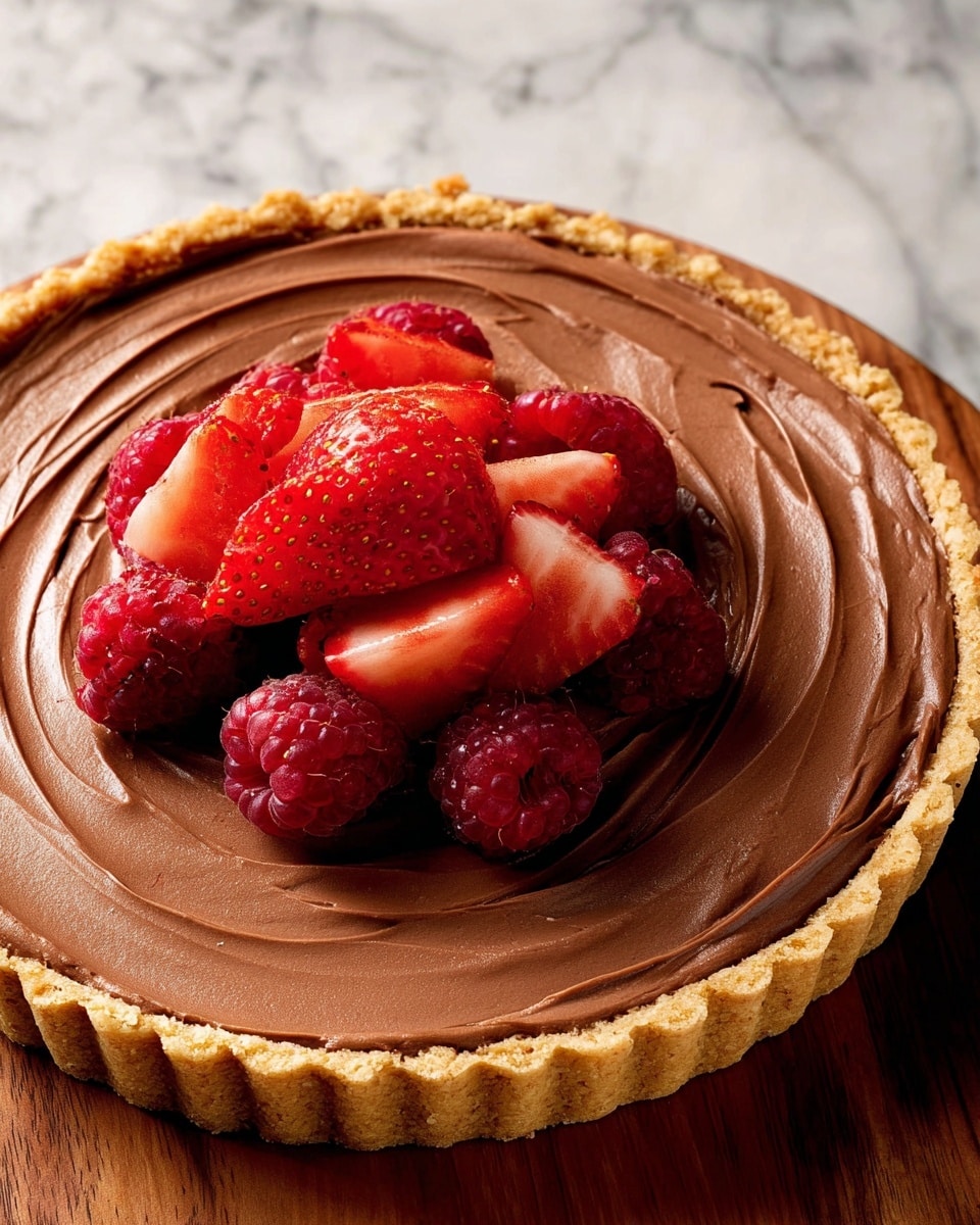 A three-layer dessert tart with a golden-brown crust forming the base and edges, topped with a thick, smooth layer of milk chocolate mousse that has gentle swirls on the surface. In the center, a small pile of fresh fruit sits on top, showing bright red strawberry wedges with a glossy texture and deep red raspberries nestled between them. The tart sits on a white marbled surface. photo taken with an iphone --ar 4:5 --v 7