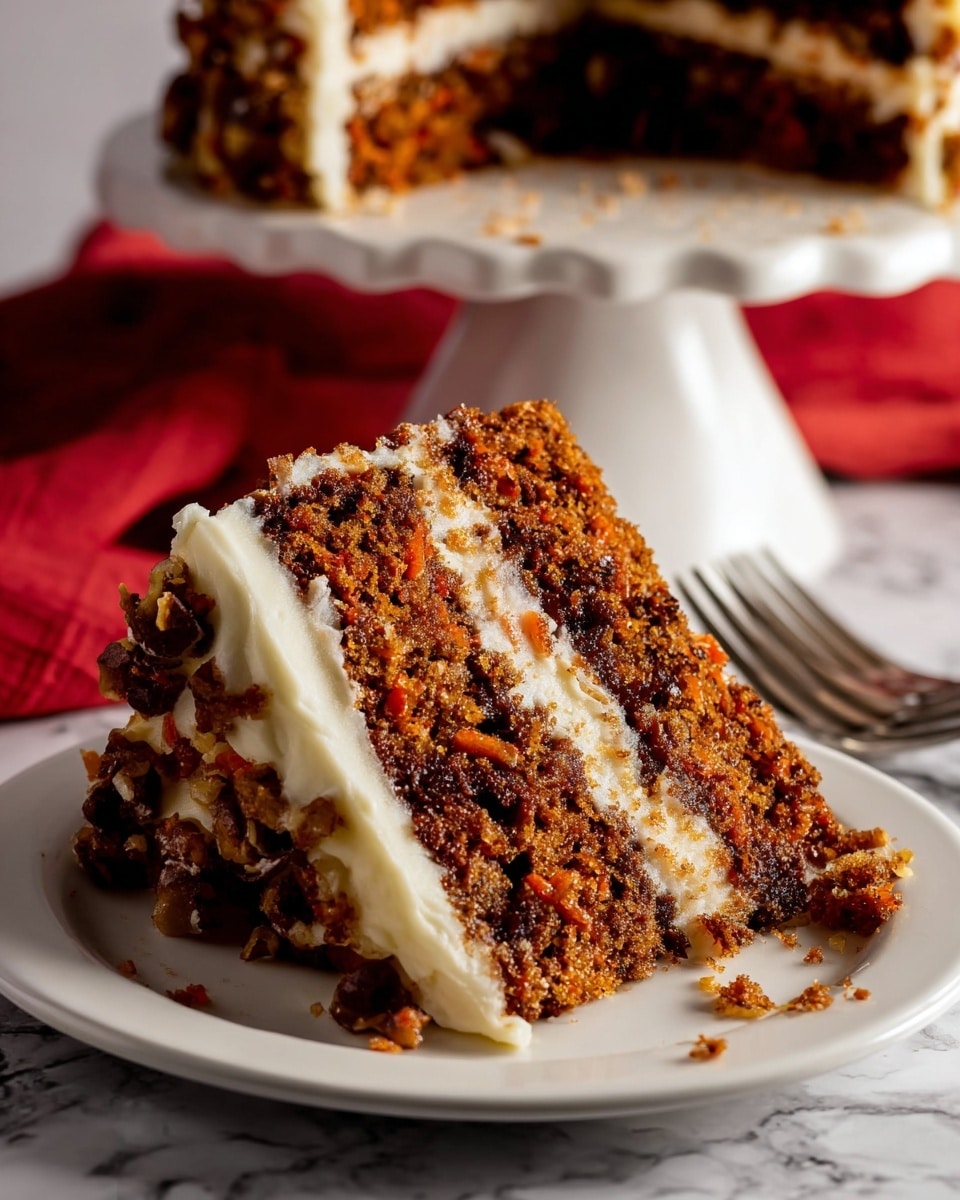 A slice of three-layer carrot cake is placed on a white plate with a few crumbs around it. The cake has a moist, crumbly texture with visible pieces of carrot and nuts in the dark brown layers. Between each cake layer, there is a thick layer of creamy white frosting, also covering the outside of the slice. In the background, a white cake stand with the remaining carrot cake sits on a white marbled surface, with a red cloth and a fork partly visible nearby. Photo taken with an iphone --ar 4:5 --v 7