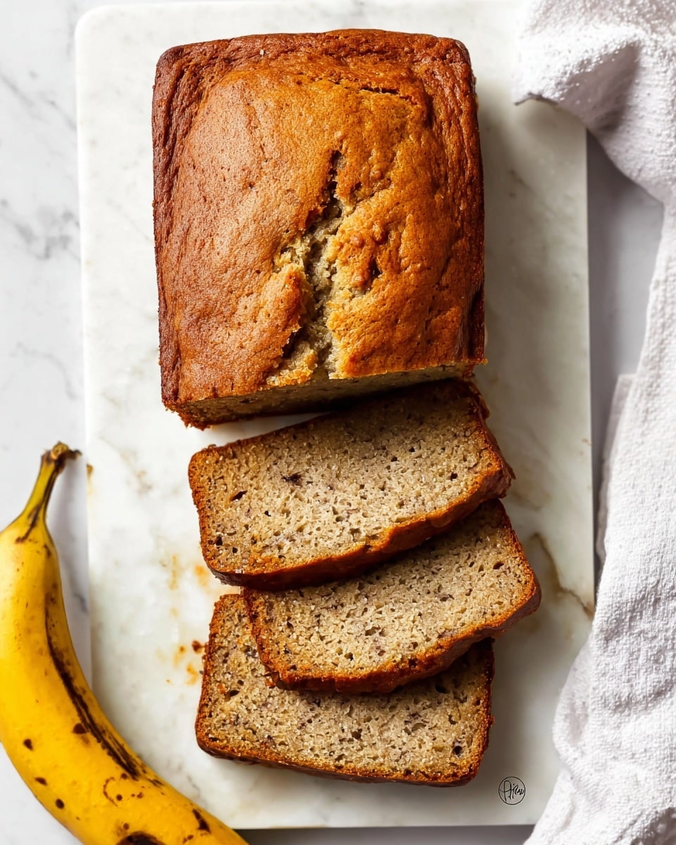 The image shows a loaf of banana bread sliced into several pieces arranged on a white rectangular plate, placed on a white marbled surface. The banana bread has a golden-brown crust with a slightly textured top that looks soft and moist. The inner part of the bread is light tan with a slightly crumbly texture and small dark specks evenly spread throughout. The slices are stacked slightly overlapping each other, with part of the loaf visible at the bottom of the plate. Photo taken with an iphone --ar 4:5 --v 7