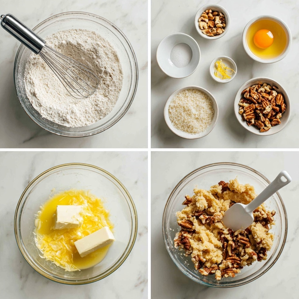 The image shows four steps of making oat cookies on a white marbled surface. In the first step, a white bowl contains a thick golden-brown liquid mixture with bubbles, and a white spatula with colorful specks stirs it. In the second step, dry ingredients like oats and flour are added on top of the mixture in the same bowl, with a woman's hand holding the same spatula stirring the ingredients together. The third step shows small circular portions of cookie dough placed on a baking sheet lined with a beige silicone mat that has red edges and black text, the dough is light brown with oat flakes visible. The fourth step shows the cookies baked and spread wider but still round, golden brown with a rough oat texture on top, placed on the same lined baking sheet. Photo taken with an iphone --ar 4:5 --v 7