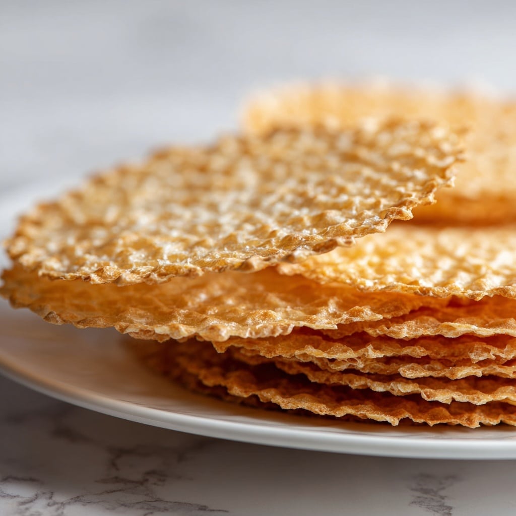 A close-up view of a woman's hand holding a single round crispy wafer above a stack of similar wafers on a white plate. The wafers are thin, light golden-brown with small crunchy pieces spread evenly across their surface, giving a textured look. The stack has multiple wafers layered neatly on top of each other. The background has a soft, out-of-focus look with a white marbled texture surface. Photo taken with an iphone --ar 4:5 --v 7