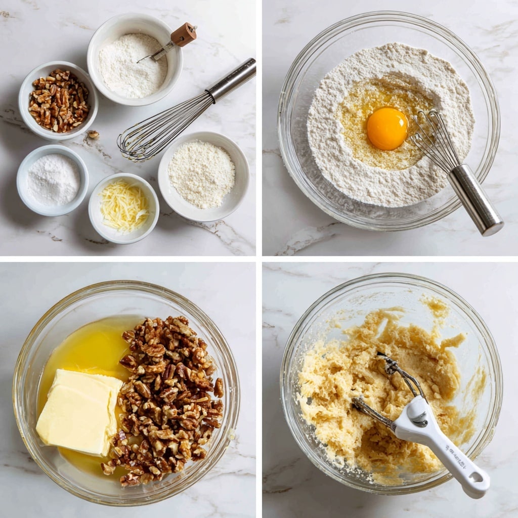 The image shows four steps to make cookie dough, each in a clear glass bowl on a white marbled surface. In the first step, a large bowl holds a dry, white flour mix with a silver whisk resting inside, surrounded by small white bowls with sugar, chopped nuts, and butter nearby. The second step features a bowl with a grainy white mixture and a raw egg yolk on top, with a silver electric mixer’s beaters touching the eggs, and small bowls of flour and lemon near it. The third step has a bowl with melted yellow butter and a heap of chopped brown nuts on one side, along with a small pile of lemon zest. The last step shows thick, mixed dough with visible nut pieces in a bowl with a white spatula sticking out. Photo taken with an iphone --ar 4:5 --v 7