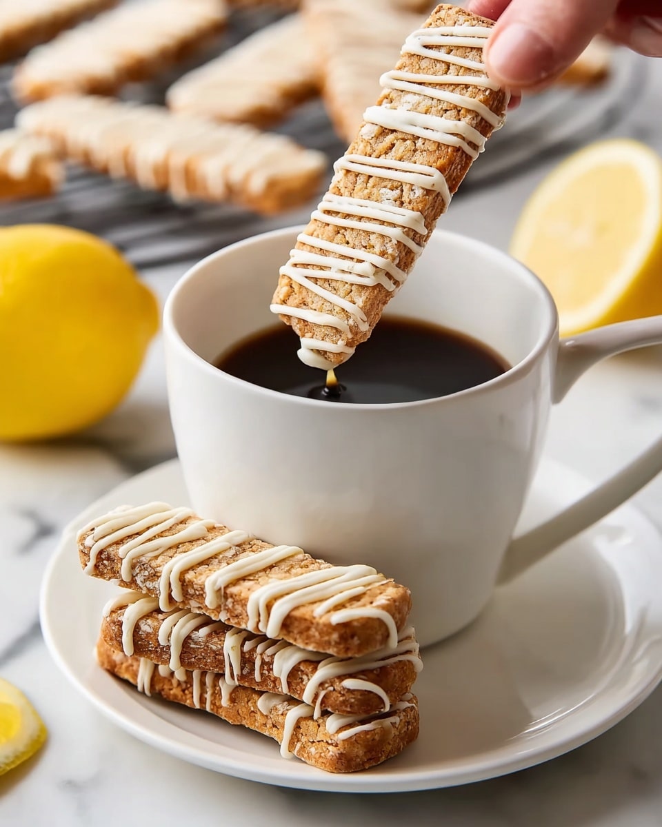 A white cup filled with dark coffee sits on a matching white saucer on a white marbled surface. A woman's hand is dipping a long, rectangular cookie with a light brown, crumbly texture and white icing drizzled in thin, wavy lines on top into the coffee. Three more of the same cookies lie stacked beside the saucer, showing the same light brown color and white icing pattern. In the blurry background, more cookies rest on a cooling rack and a whole yellow lemon is visible on the white marbled surface. Photo taken with an iphone --ar 4:5 --v 7
