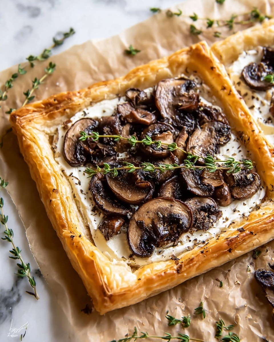 The image shows a square puff pastry tart with three clear layers. The bottom layer is the golden brown, flaky puff pastry with a slightly puffy edge. The middle layer is a smooth, creamy white cheese spread covering the whole tart inside the pastry border. The top layer is a generous amount of cooked dark brown mushrooms scattered evenly over the cheese, sprinkled with black pepper, and garnished with fresh green thyme sprigs placed diagonally on top. The tart is on parchment paper with some thyme leaves around it, all set on a white marbled surface. Photo taken with an iphone --ar 4:5 --v 7