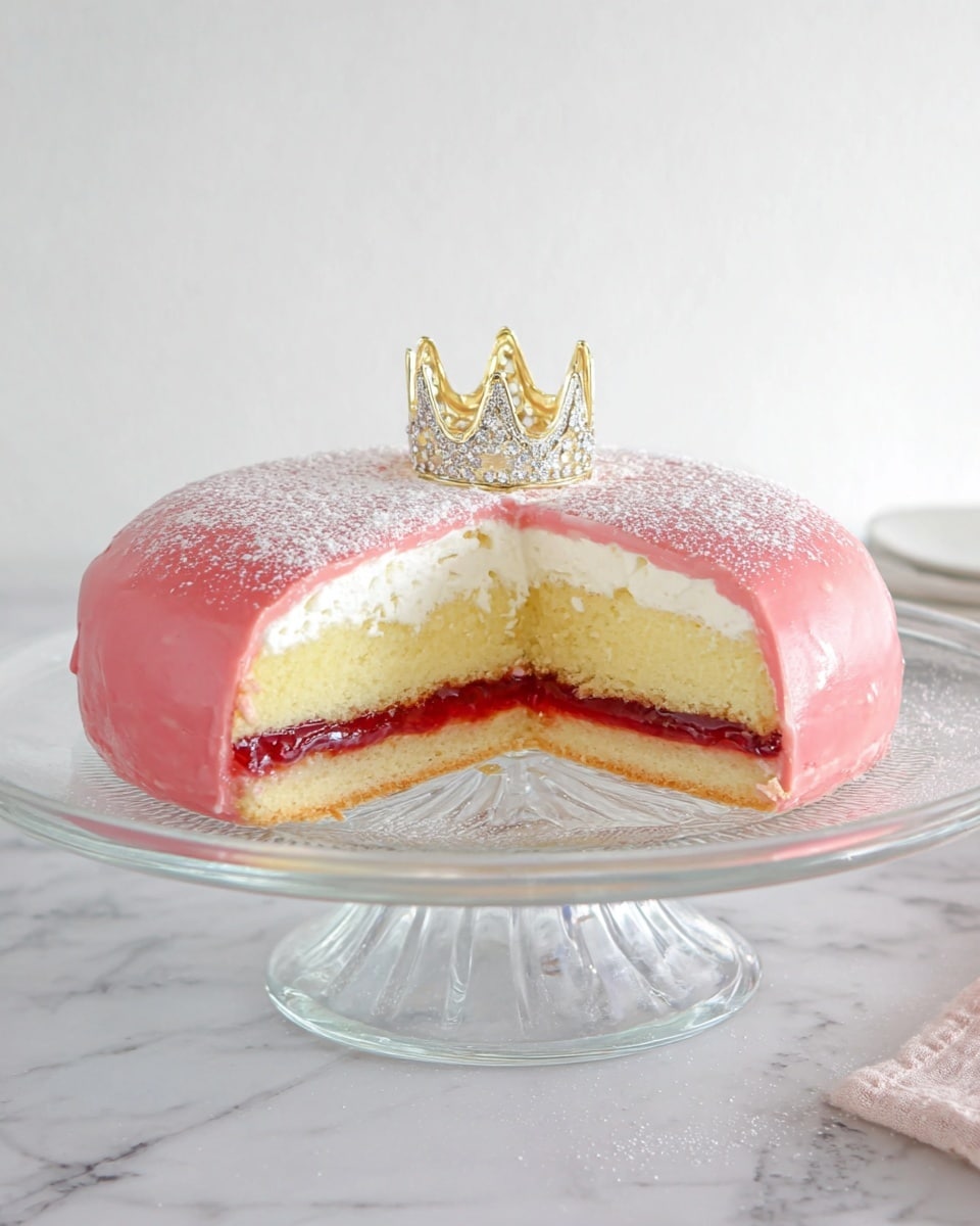 A smooth dome-shaped cake covered in bright pink fondant sits on a clear glass cake stand with a decorative edge and pedestal base. The pink surface is lightly dusted with white powdered sugar, giving a soft texture on top. At the center of the dome, there is a small shiny golden crown ornament, adding a royal touch. The background and surface are white marbled, and a silver spoon is placed to the right of the cake stand. photo taken with an iphone --ar 4:5 --v 7