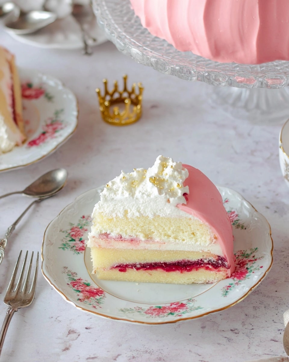 This image shows a round cake with three visible layers on a clear glass cake stand. The outer layer is smooth and pink with a light dusting of powdered sugar on top and a small shiny gold crown decoration in the center. Inside, the top layer is white and fluffy, the middle layer is light yellow and soft, and the bottom layer is a red jam spread on a thin light brown base. The scene is set on a white marbled surface with a white background. photo taken with an iphone --ar 4:5 --v 7