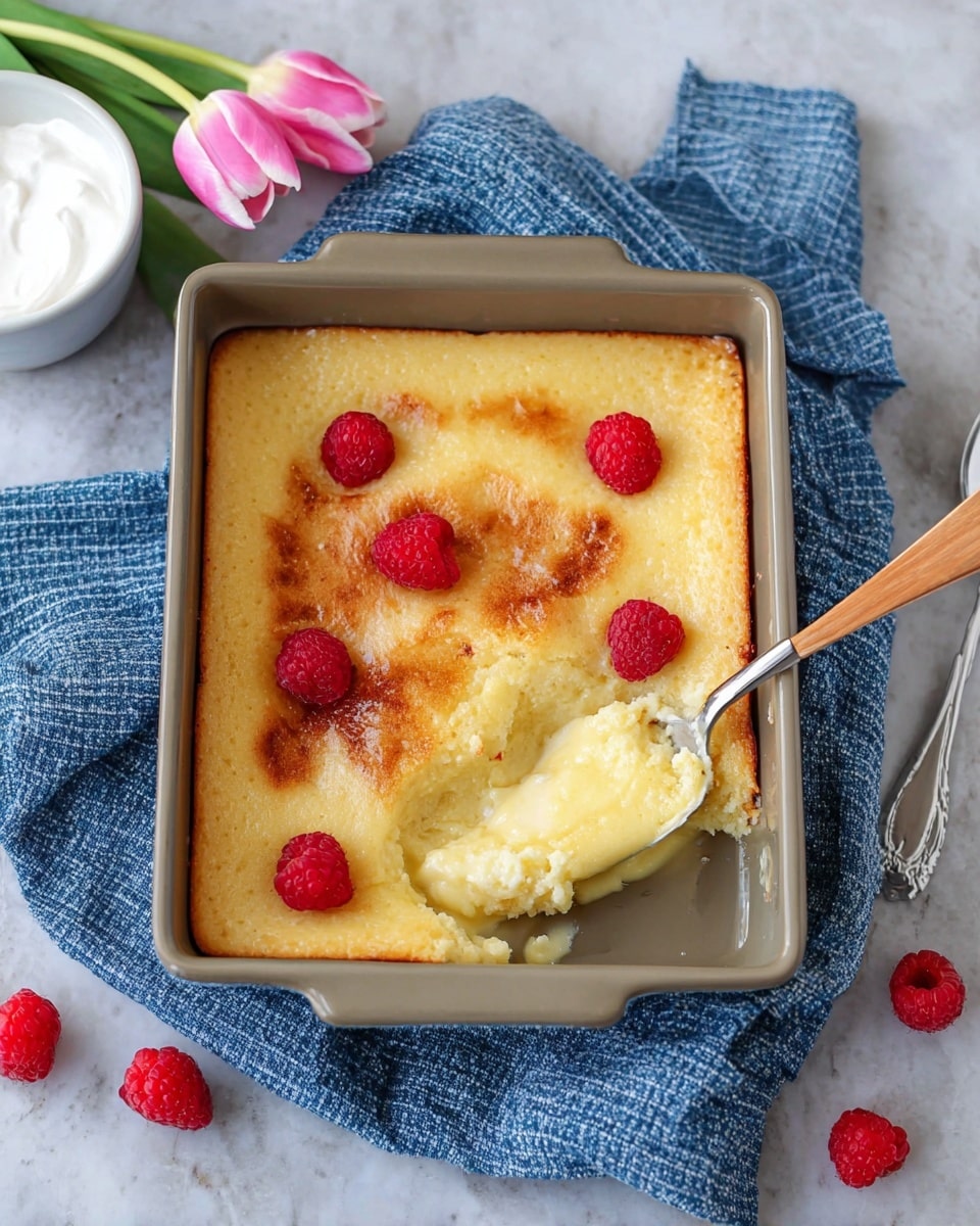 A square gray baking dish holds a soft, light yellow baked pudding with a smooth, slightly browned top layer. The surface has a shiny glaze and is decorated with six bright red raspberries scattered across. One corner has a spoon resting inside, scooping out a fluffy portion from the pudding, showing its soft texture underneath. The dish sits on a blue checkered cloth placed on a white marbled surface. Nearby, a small bowl with white cream and two pink tulip flowers are visible, along with part of a silver spoon; photo taken with an iphone --ar 4:5 --v 7