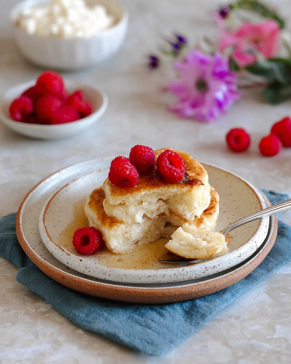The image shows a square, light golden baked dish in a grey rectangular baking pan placed on a blue checkered cloth over a white marbled surface. The top layer of the dish is smooth with a slightly browned crust, decorated with six bright red raspberries scattered across. A portion from one corner is scooped out, revealing a soft, creamy inside. Two vintage metal spoons rest inside the scooped area. Around the baking pan, there are small bowls and plates with white textures and more raspberries. Pink and white tulips lay at the top right corner. Photo taken with an iphone --ar 4:5 --v 7