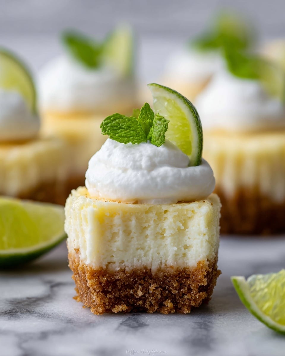 A close-up of mini cheesecake bites with three clear layers, starting with a crumbly brown crust at the bottom, a thick, soft, light yellow cheesecake layer in the middle, topped with a smooth, white dollop of cream. Each cheesecake bite is garnished with a small green mint leaf and a thin slice of fresh, light green lime. The cheesecakes are arranged on a surface with a white marbled texture, and there is a slight blur of more cheesecakes in the background. Photo taken with an iphone --ar 4:5 --v 7