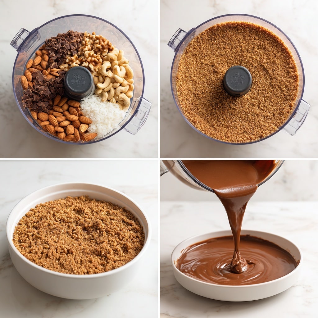 The first image shows a clear food processor bowl with whole almonds, walnuts, a white solid ingredient on one side, and some dark brown soft pieces on the other side around the center blade. The second image shows the same bowl with all the ingredients now ground into small, mixed nut crumbs with a coarse texture and a brown color. The third image shows a white round baking pan filled with an even layer of the same brown nut crumb mixture pressed down flat. The fourth image shows a clear blender container with light beige cashews on top of a dark brown liquid inside. The fifth image shows a smooth, thick, rich chocolate brown mixture inside the blender container. The sixth image shows a thick, smooth chocolate brown liquid being poured from the blender onto the nut crumb base in the white baking pan, forming a shiny, even top layer. The whole scene is set on a white marbled surface photo taken with an iphone --ar 4:5 --v 7