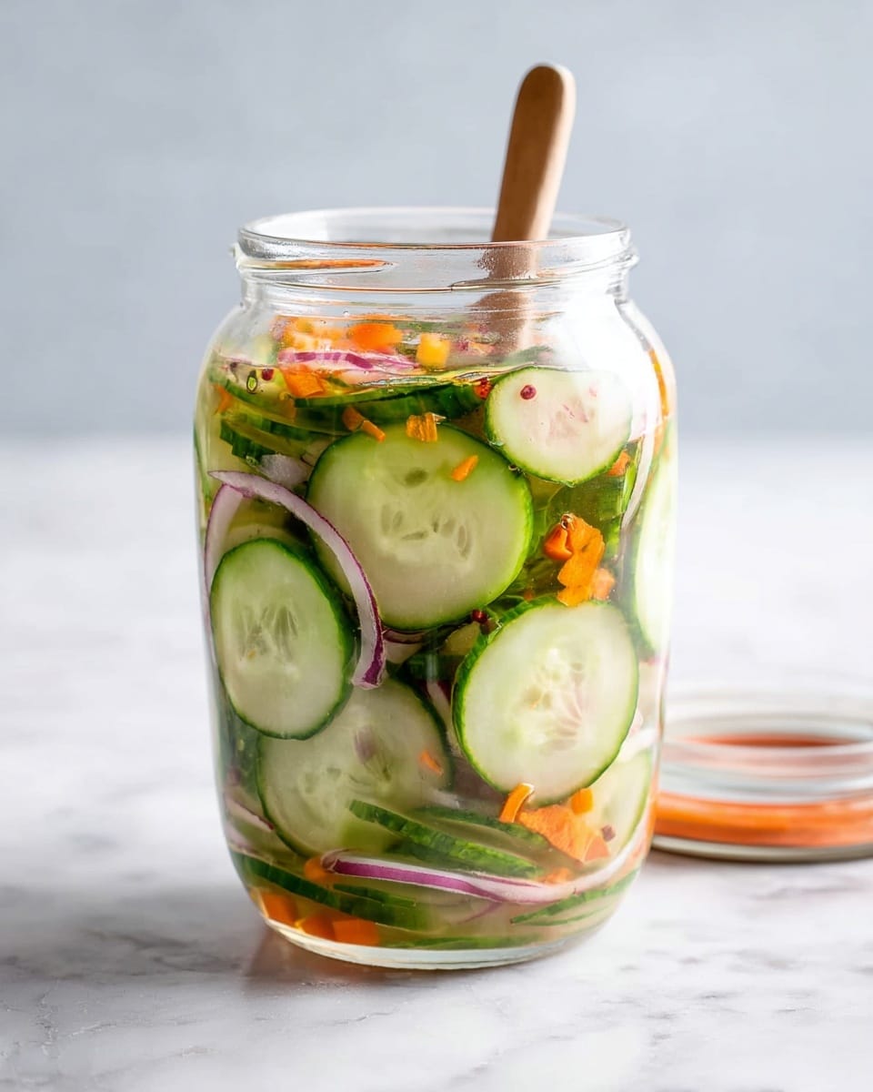 A clear glass jar filled with thin green cucumber slices layered evenly with small orange carrot pieces and thin light purple onion slices, all mixed with a clear liquid. The jar is placed on a white marbled surface with a wooden spoon inside it, and the jar lid lies nearby. The colors are fresh and bright, showing a crisp mix of vegetables in a clean glass container photo taken with an iphone --ar 4:5 --v 7