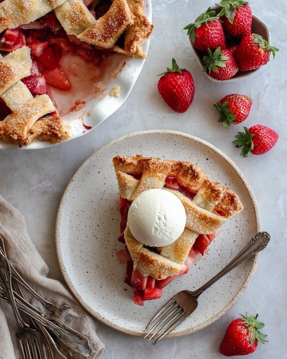 A golden-brown lattice pie with six strips of crust woven over five strips, revealing a bright red filling of cooked rhubarb and strawberries inside. The crust is sprinkled with coarse sugar for a sparkling effect. A slice is removed from the pie, showing the juicy red filling, resting next to a silver pie server with a decorative cutout pattern placed inside the pie. The pie sits on a white marbled surface. Around it are a white bowl full of fresh red strawberries with green leaves, a white plate holding a slice of pie with the juicy filling visible, silver forks, pieces of cut rhubarb, a small beige bowl of sugar, and a white cloth napkin. A woman’s hand reaching into the image is not visible but implied. Photo taken with an iphone --ar 4:5 --v 7