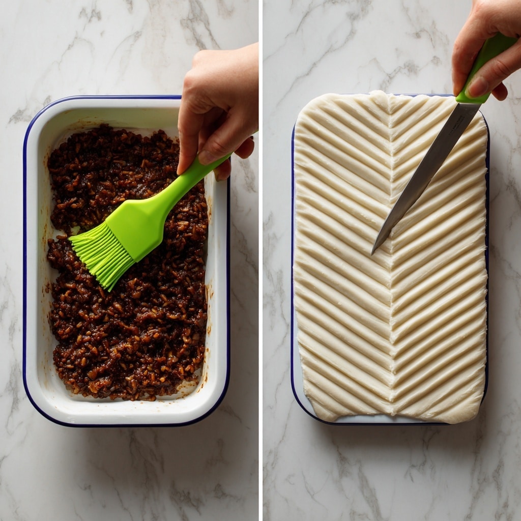 The first image shows a white rectangular dish with a blue rim filled with a dark brown, chunky mixture containing pieces of mushrooms and lentils. A woman's hand is holding a bright green silicone brush, spreading the mixture evenly in the dish. The dish is sitting on a white marbled surface. The second image shows a white rectangular piece of dough laid flat on a white marbled surface, with a woman's hand holding a knife cutting diagonal lines into the dough to form a chevron pattern. Photo taken with an iphone --ar 4:5 --v 7