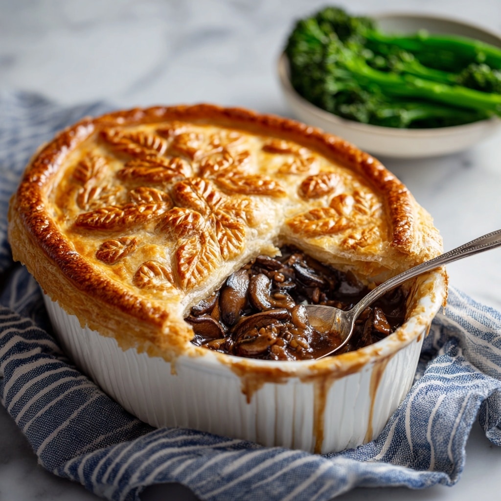 A white oval baking dish filled with a golden-brown puff pastry pie that has a detailed leaf pattern on top, with one corner opened to show a dark brown filling made of thick sauce and mushroom pieces. A woman's hand holding a silver spoon scoops out the rich filling from the dish. The dish rests on a blue and white striped cloth over a white marbled surface. To the top right side, there is a white bowl filled with bright green steamed broccolini stems and florets. Photo taken with an iphone --ar 4:5 --v 7