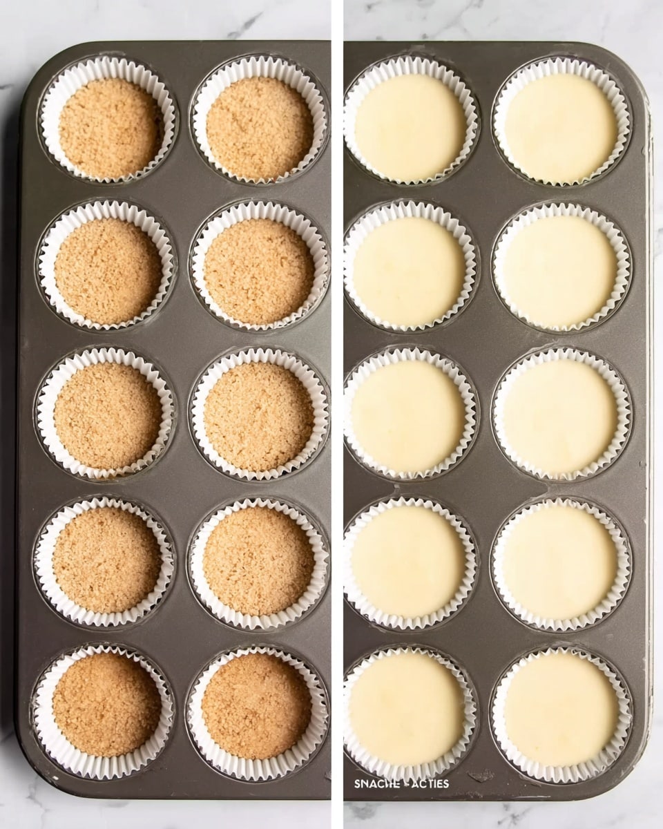The image shows a muffin tray with 12 white paper cups arranged in four rows of three cups each. On the left side, each cup has a light brown crumbly crust pressed evenly at the bottom, with a rough texture that looks slightly grainy. On the right side, the same tray has the cups filled with smooth, pale yellow batter that reaches nearly the top of each cup, showing a soft, creamy texture. The tray rests on a white marbled surface. photo taken with an iphone --ar 4:5 --v 7