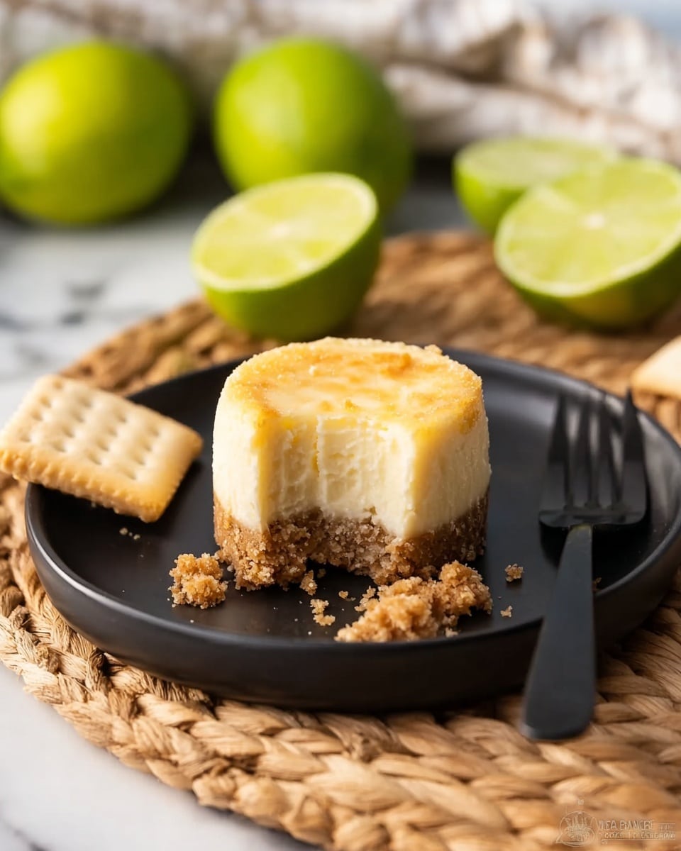 A small cheesecake with two layers sits in the center of a smooth, round black plate. The top layer is creamy pale yellow with a soft, dense texture, while the bottom layer is a crumbly, light brown crust. One bite is taken from the front side, showing the inside layers and some crumbs scattered around. The plate rests on a woven mat with a rough, light brown texture. In the background and to the side, several halved and whole bright green limes are visible, adding fresh contrast with their smooth rind and juicy interior. A small square of light beige cracker is placed near the plate, along with a black fork on the right edge. The whole scene is placed on a white marbled surface. Photo taken with an iphone --ar 4:5 --v 7