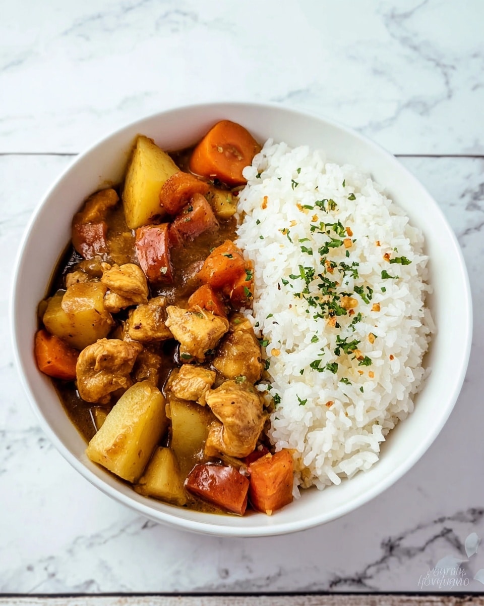 A white bowl sits on a white marbled surface, filled with two main layers: on the right, a neat mound of fluffy white rice sprinkled lightly with small green bits, and on the left, a mix of chunky golden-brown chicken pieces and vegetables including orange carrots and light yellow potatoes, all coated in a shiny, thick brown sauce with some fine green herbs scattered on top. Photo taken with an iphone --ar 4:5 --v 7