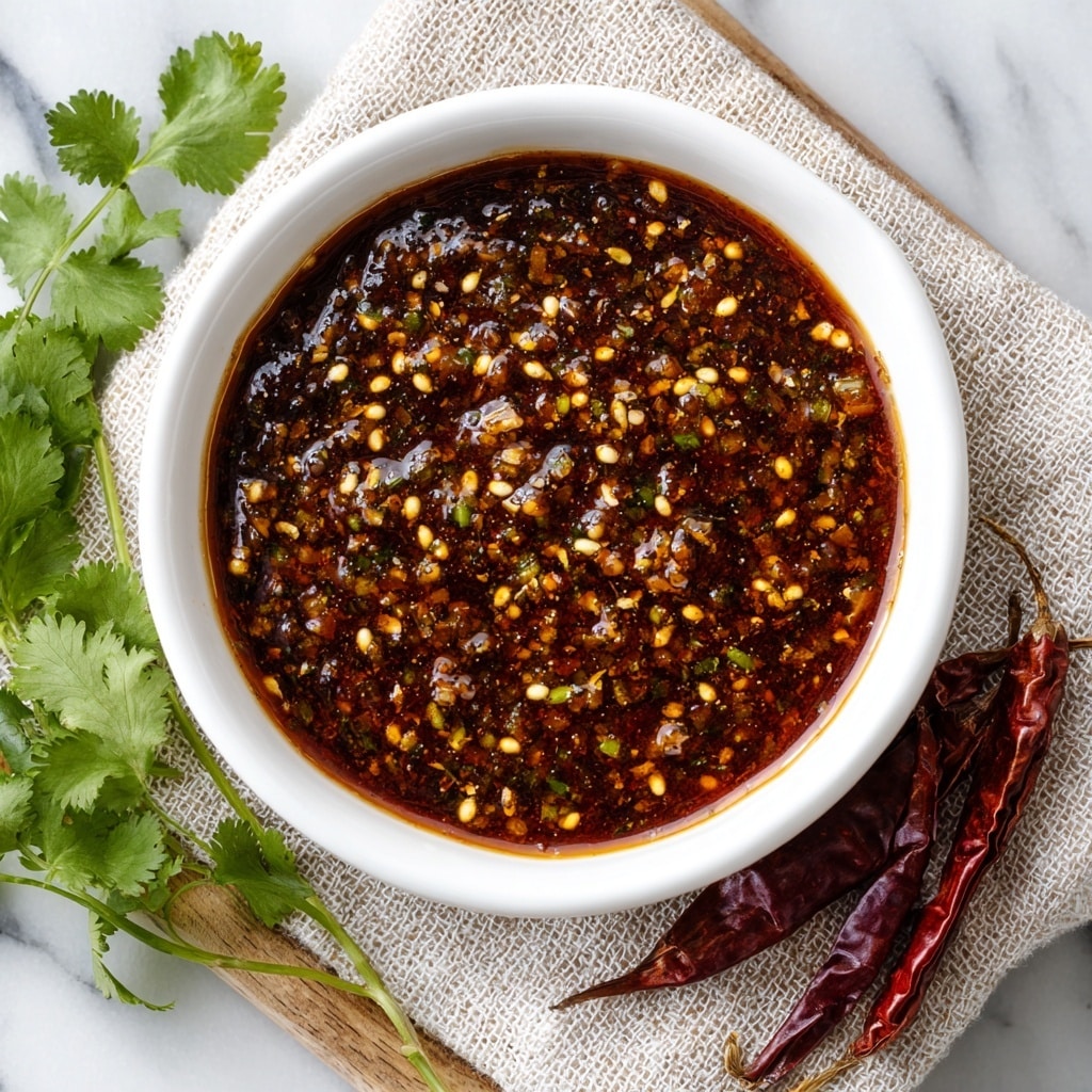 A close-up image of a single-layer bowl filled with a coarse, brown sauce speckled with red chili flakes, white seeds, and small green herb pieces. The sauce has a slightly wet texture with shiny spots reflecting light. The bowl is white with a vibrant floral and geometric pattern inside its rim, which is solid red with the word