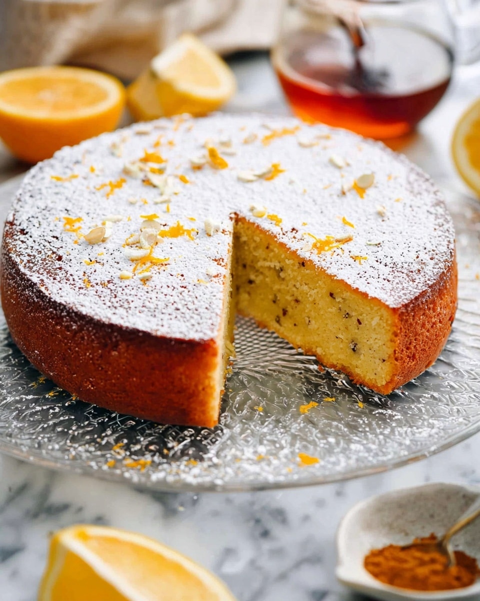 A single slice of orange cake with a golden brown top layer dusted with white powdered sugar rests near the center of a large white plate. The cake shows a soft, moist orange-yellow interior layer beneath the top with a few small visible bits of orange zest. Underneath the cake slice, light amber syrup is drizzled artistically on the plate. To the right of the cake, a silver fork lies flat on the plate, pointing outward. The plate sits on a white marbled surface with a few bright orange orange slices and a glass cake stand with more cake slightly visible in the upper left corner. photo taken with an iphone --ar 4:5 --v 7