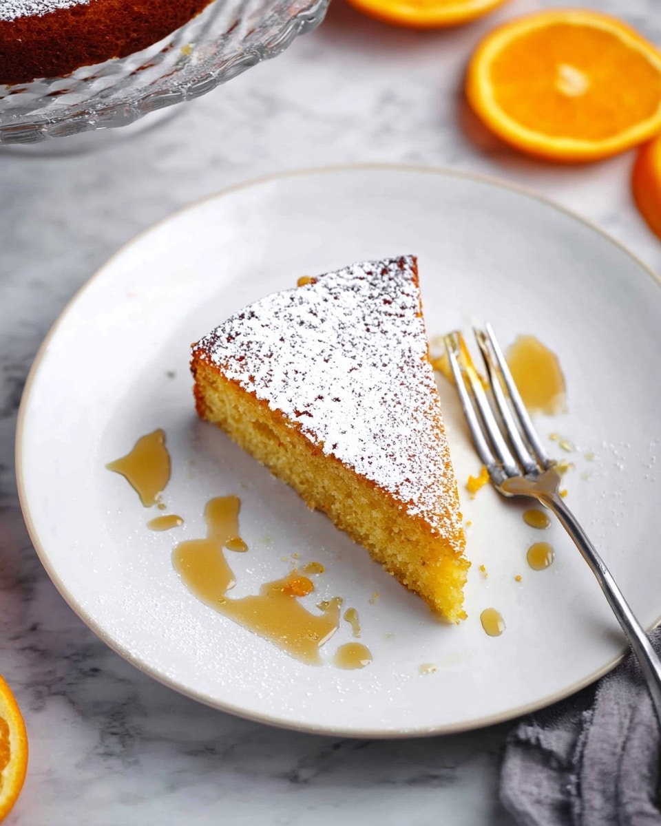 A round orange cake with one slice removed sits on a clear glass plate, covered evenly with powdered sugar and small orange zest pieces on top. The cake shows a single thick layer, golden brown on the outside and a soft orange color inside. The slice is placed on a white plate with a drizzle of honey beneath it, and there is a silver fork next to the slice. Around the main cake, there are several fresh orange slices and hollowed orange halves scattered on a white marbled surface. To the side, a small glass bowl of honey with a wooden honey dipper resting inside and a small glass bowl of dark brown spice are visible. There is a silver sieve lying nearby and two ornate silver knives resting on a striped cloth. Photo taken with an iphone --ar 4:5 --v 7