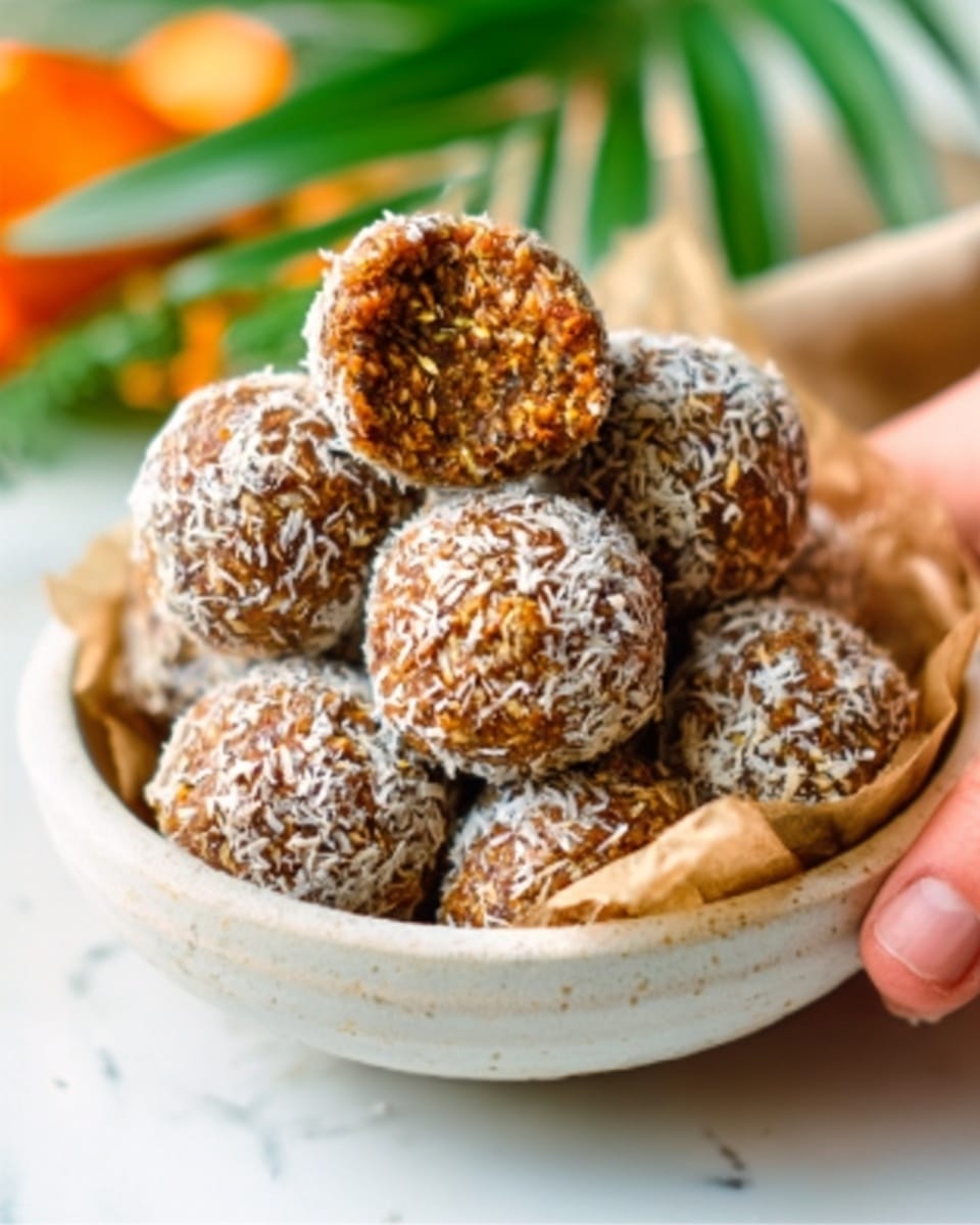 A close-up image shows a pile of round energy balls stacked on a white plate with a smooth edge and a few speckled brown spots. The energy balls have two types: some are light brown with visible small pieces of orange carrot and oats mixed throughout, giving a rough texture, while others are dark brown and fully covered with white shredded coconut, creating a fluffy texture. The plate sits on a white marbled surface with some small crumbs scattered near it. The background is softly blurred with neutral light colors, highlighting the texture details and natural colors of the energy balls. photo taken with an iphone --ar 4:5 --v 7