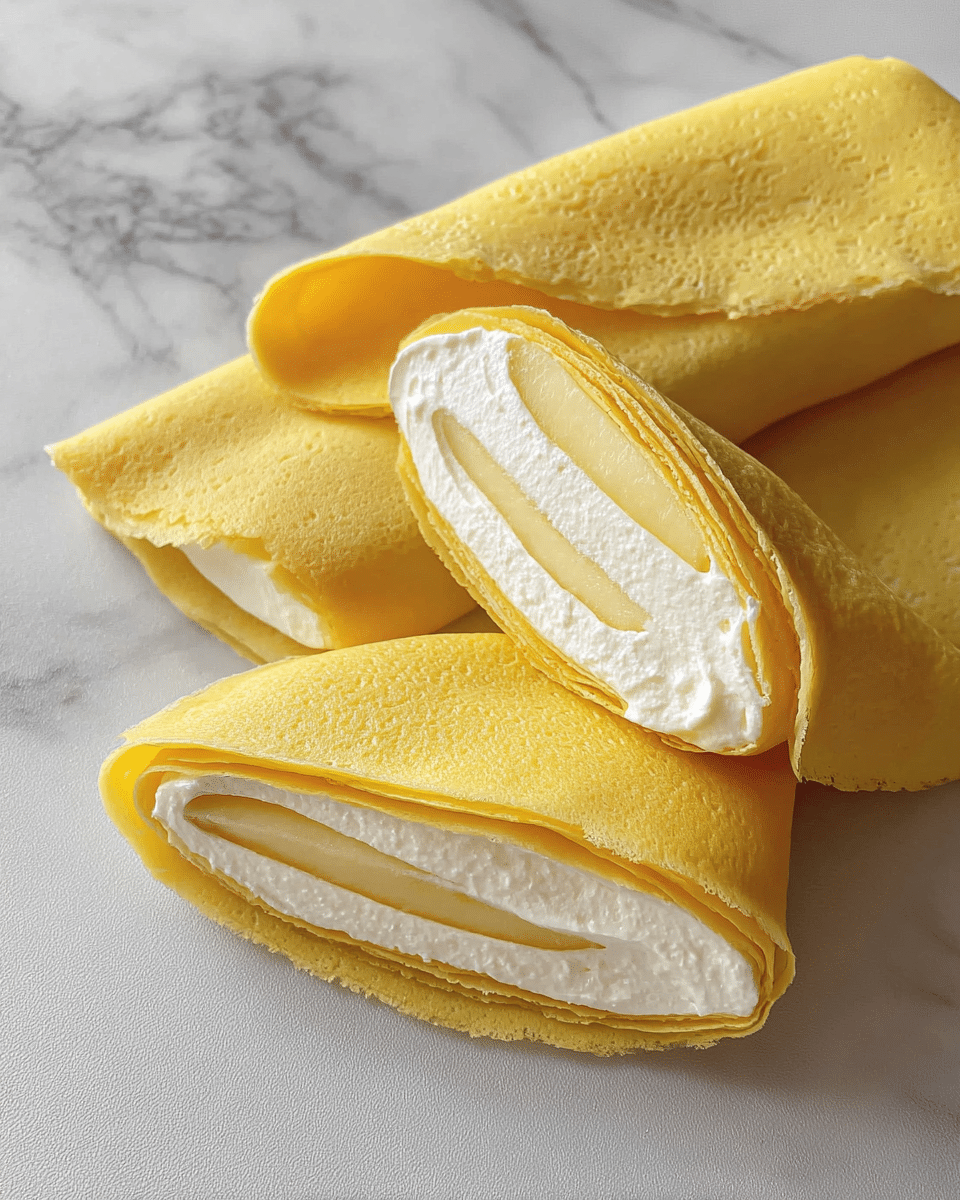 The image shows three folded thin yellow crepes on a white marbled surface. In front of these, there are two crepes cut in half, exposing three layers inside: the outer bright yellow crepe layer is thin and smooth, the middle layer is thick white cream with a soft, fluffy texture, and the inner layer is a pale yellow fruit slice with a soft and juicy look. The layers are neatly stacked, making the inside look clean and fresh. photo taken with an iphone --ar 4:5 --v 7