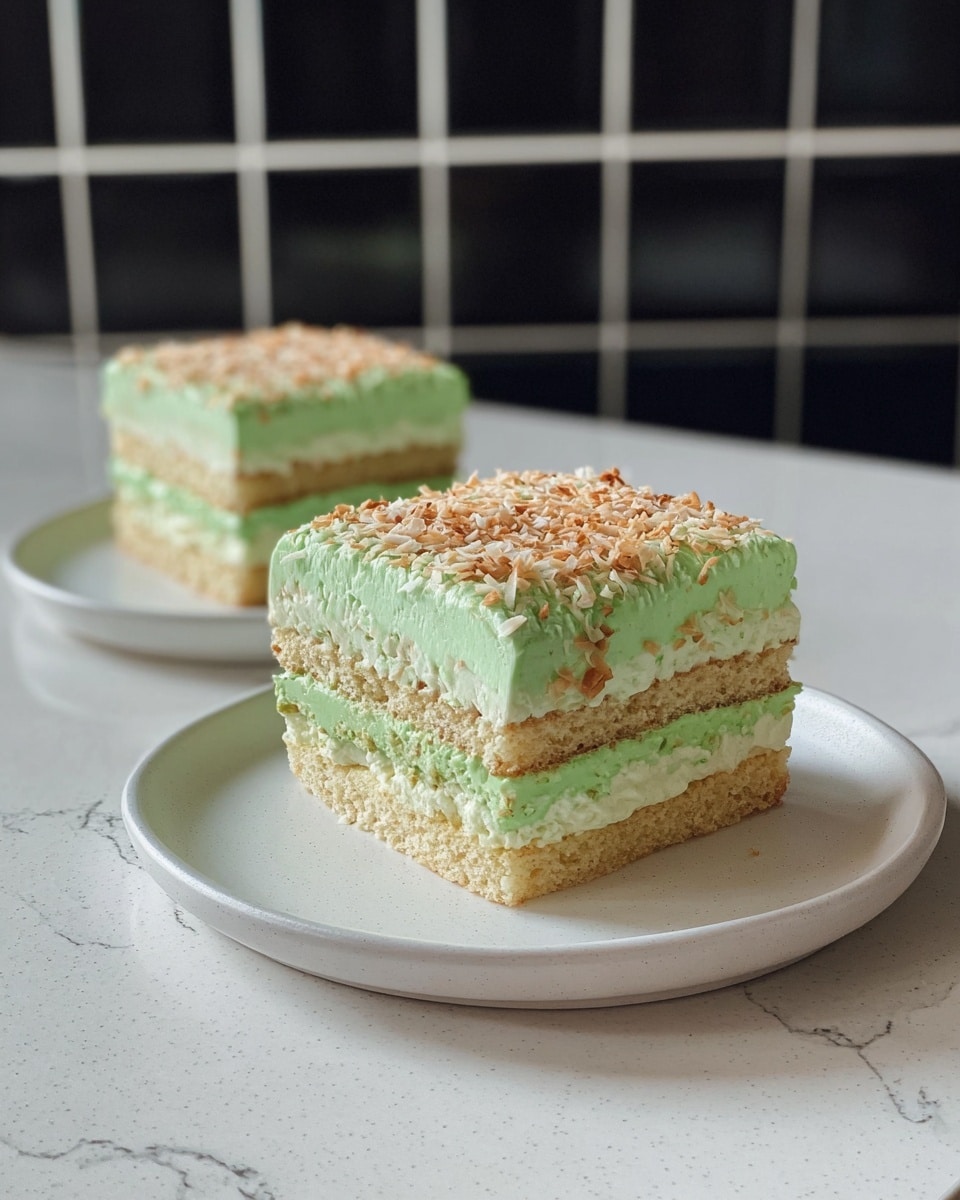 Two square pieces of green layered cake sit on separate white plates on a white marbled surface. Each cake has four layers, with two layers of light green creamy frosting alternating with two layers of green-tinted sponge cake. The top layer is a thick, smooth spread of green frosting, finished with a sprinkling of toasted coconut flakes giving a textured, light brown contrast. The cakes are neatly cut and the background features black tiled walls. Photo taken with an iphone --ar 4:5 --v 7