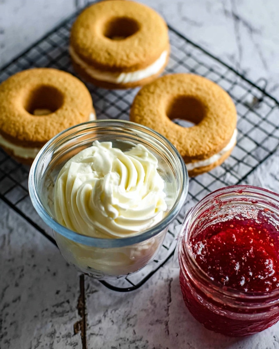 The image shows four golden-brown cookies with round, hollow centers placed on a black cooling rack on a white marbled surface. A clear glass container in the foreground contains a swirl of creamy white filling. Next to it on the right side is an open jar filled with bright red jam that has a slightly textured surface. The lighting highlights the texture of the cookies, the creamy filling, and the jam, giving the scene a fresh and inviting look. photo taken with an iphone --ar 4:5 --v 7