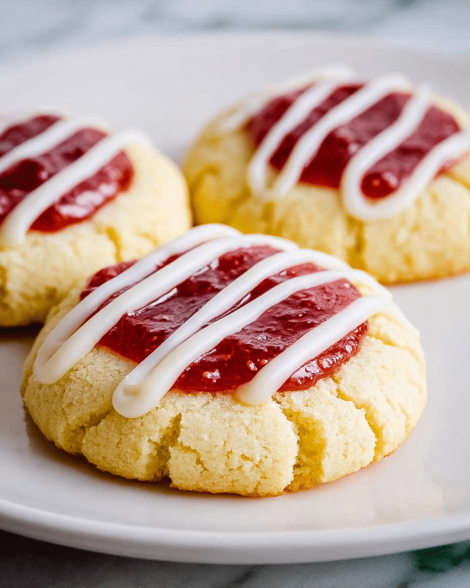 There are three round cookies on a white plate with a white marbled texture surface. Each cookie has two main layers: the base layer is a thick, soft cookie in light golden-yellow color with a slightly bumpy texture, and the top layer is a smooth red jam filling in the center. On top of the jam, there are three neat white icing stripes running across each cookie. The cookies are placed close together in a diagonal line, with one cookie in the front and two slightly behind it. The photo taken with an iphone --ar 4:5 --v 7