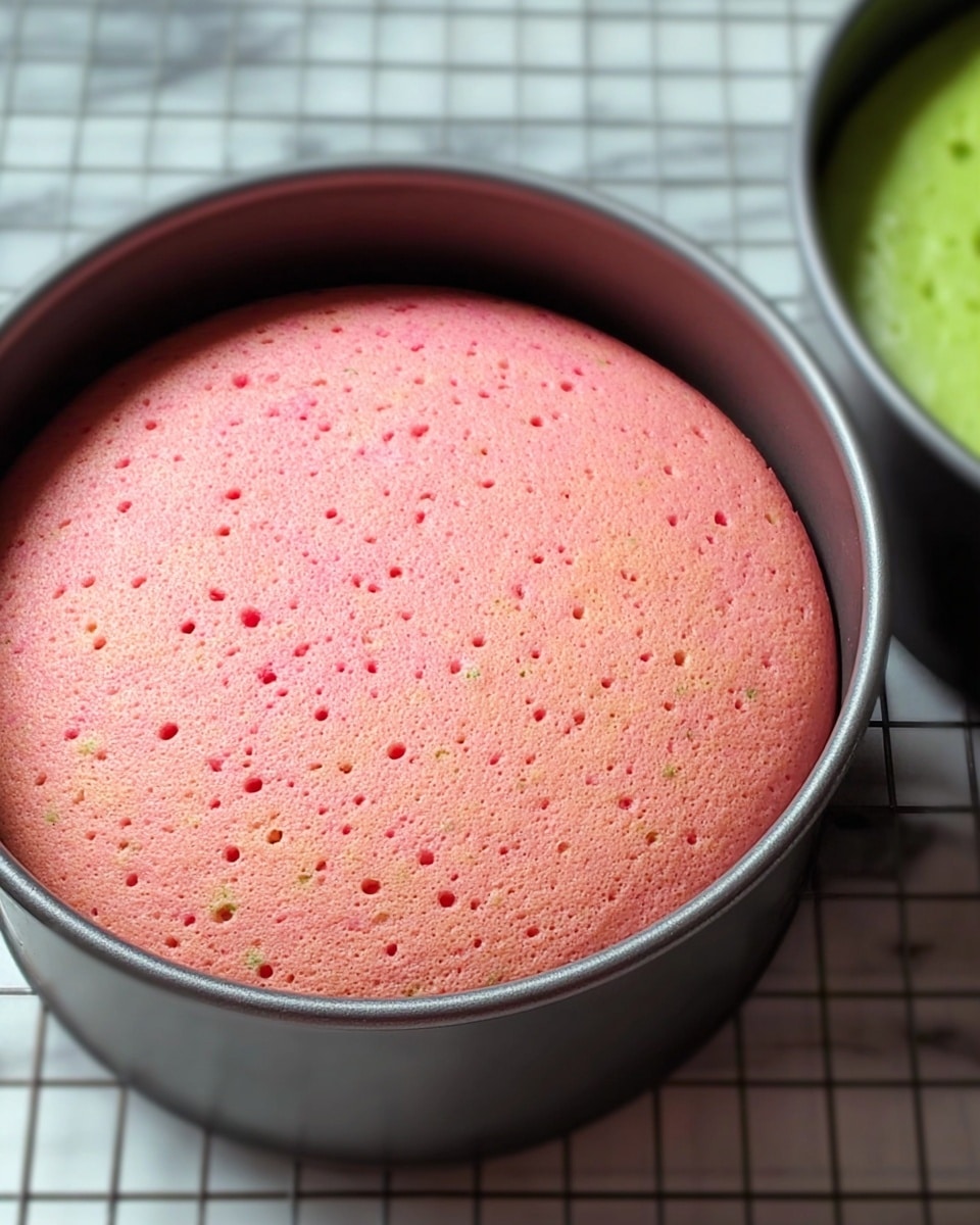 The image shows a round, pink cake with small holes on its surface, sitting inside a dark gray round baking pan. The cake has one visible layer, which looks soft and slightly spongy. To the right side, part of another baking pan with a green mixture can be seen. Both pans are placed on a white marbled surface with a grid wire rack underneath the pink cake pan. The lighting is soft and natural. Photo taken with an iphone --ar 4:5 --v 7
