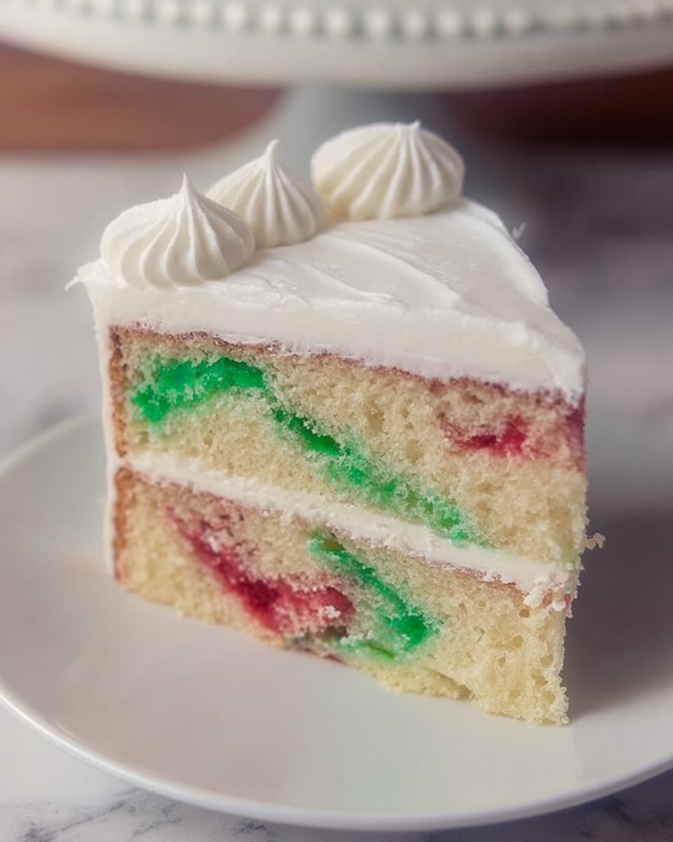 A two-layer cake sits on a clear textured glass plate, with the outer frosting smooth and white. The top layer of the cake is white with red streaks mixed inside the sponge, while the bottom layer is also white but with green streaks blended into the cake. A thin layer of white frosting separates the two layers. The background shows a white marbled surface. photo taken with an iphone --ar 4:5 --v 7