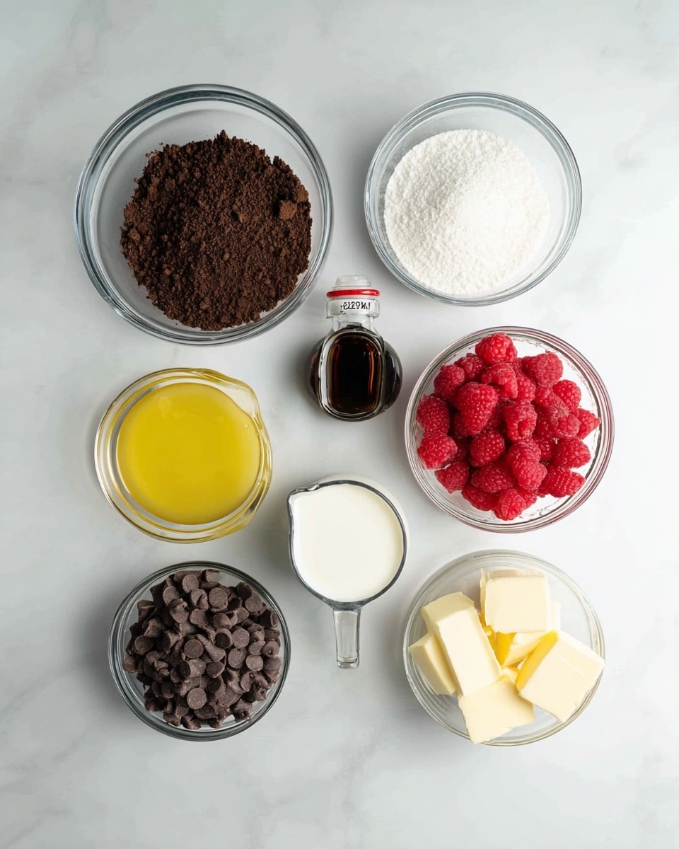 The image shows eight glass bowls and one bottle arranged on a white marbled surface. From top left to bottom right, the items include a large bowl filled with finely crushed dark brown cookie crumbs, a smaller bowl with white granulated sugar, a glass measuring cup with melted yellow butter, a small dark bottle of vanilla extract, a bowl of bright red raspberries, a bowl full of medium brown chocolate chips, a measuring cup filled with white milk, and a small bowl containing two pale yellow butter cubes. All items are clear glass containers, with no food overlapping. Photo taken with an iphone --ar 4:5 --v 7