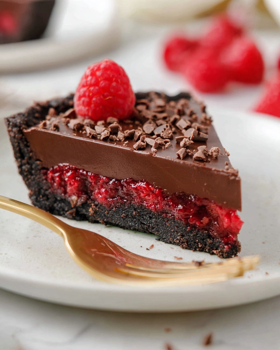 A slice of chocolate tart sits on a white plate with a white marbled texture underneath. The tart has three layers: a dark crumbly crust at the bottom, a middle layer filled with bright red raspberries mixed in dense chocolate filling, and a smooth, glossy dark chocolate top layer. The top is decorated with small chocolate shavings and a whole fresh red raspberry placed near the pointed edge. A gold fork with a woman's hand holding it gently presses into the side of the slice. Extra fresh raspberries and a bit of cream are also visible blurred in the background. Photo taken with an iphone --ar 4:5 --v 7
