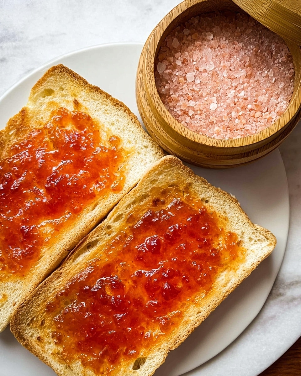 Two pieces of toasted bread are placed on a white plate on a white marbled surface. Each slice has a light golden-brown crust and a soft interior with a smooth spread of bright red tomato on top. Small green basil leaves are scattered over the tomato layer adding a fresh touch. In the background, there are three small bowls: one holds a green liquid, another has red sauce with a spoon, and the third contains light yellow butter. A wooden board is partly visible under the bowls. photo taken with an iphone --ar 4:5 --v 7
