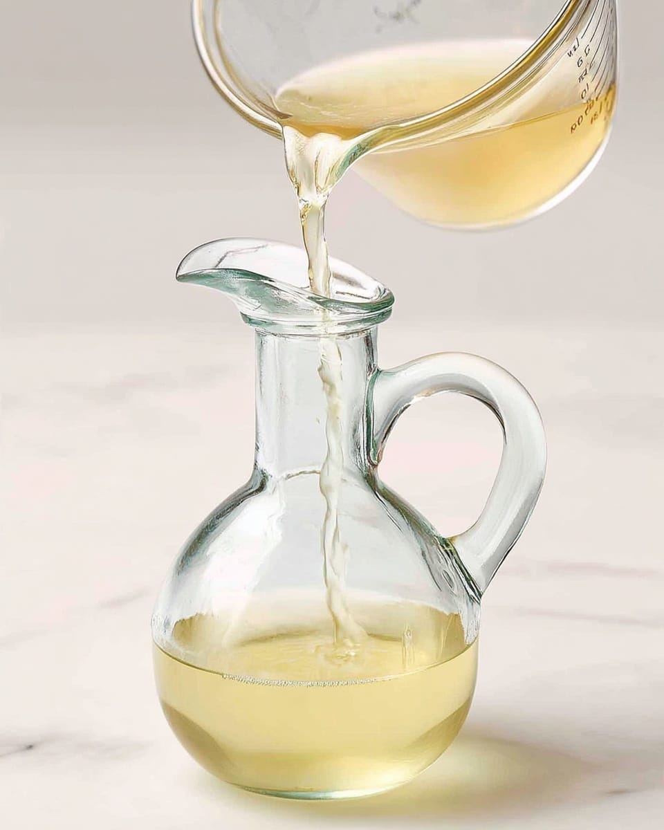 A clear glass bottle with a narrow neck, curved handle on one side, and a long spout on the other, filled halfway with pale yellow liquid. The bottle is topped with a cork stopper and is placed on a white marbled surface. Light reflections on the glass give the bottle a smooth, shiny look. photo taken with an iphone --ar 4:5 --v 7