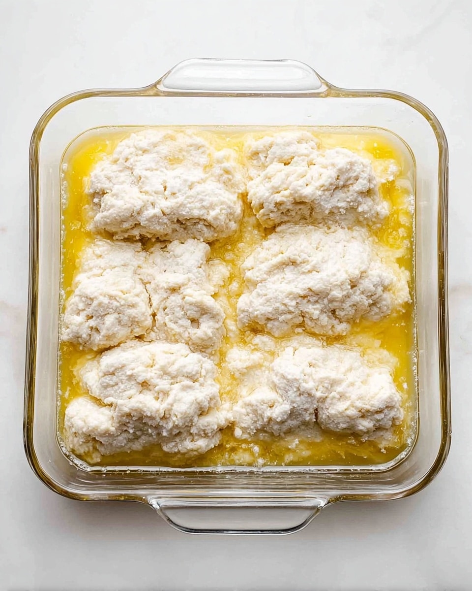 The image shows a clear glass square baking dish with handles, sitting on a white marbled surface. Inside, there are six large, uneven, white biscuit dough pieces arranged to cover the bottom of the dish. The biscuits have a rough, doughy texture and are partially soaked in melted golden yellow butter that pools around and between the dough pieces. The light shines softly on the dish, highlighting the contrast between the pale dough and the shiny butter. Photo taken with an iphone --ar 4:5 --v 7