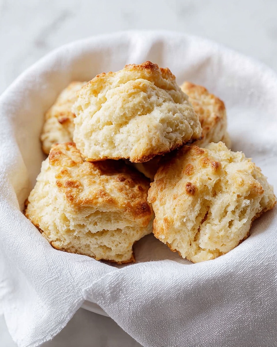 A white bowl lined with a soft white cloth holds four pieces of golden brown biscuits. The biscuits have a rough, crumbly texture with slightly crispy edges, and their inside is light beige, fluffy, and tender with visible air pockets. The white marbled surface underneath adds a clean and bright background, making the biscuits stand out. photo taken with an iphone --ar 4:5 --v 7