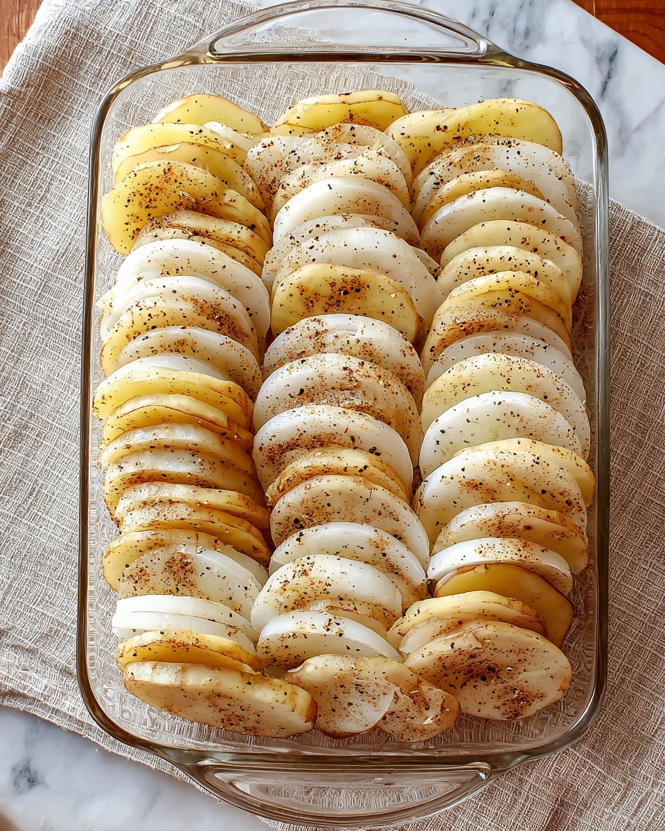 A white clear glass rectangular dish holds three rows of thin, round slices of potato and onion, arranged alternately in overlapping layers standing upright. Each slice is pale yellow for potato and white for onion, evenly spaced in a repeating pattern. The potatoes and onions are sprinkled with black pepper and a light brown seasoning. The dish sits on a beige cloth over a white marbled surface. Photo taken with an iphone --ar 4:5 --v 7
