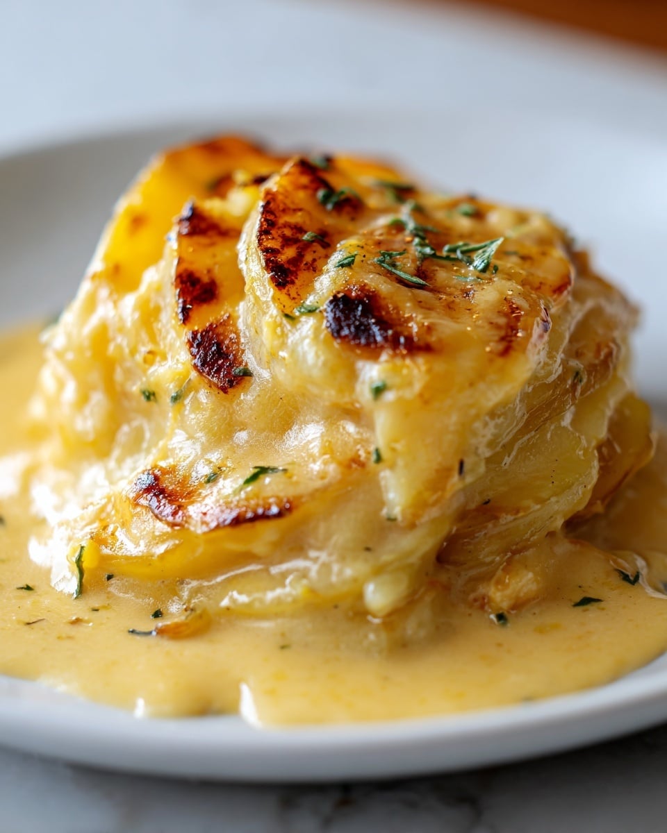 A close-up view of a creamy dish with soft layers of golden-yellow potatoes covered in a thick, smooth, and slightly browned cheese sauce, visible with small grilled marks and sprinkled with tiny bits of green herbs on top. The layers of potatoes are stacked gently and are partially covered by the cheese sauce that pools around the base, all served on a plain white plate on a white marbled texture surface. Photo taken with an iphone --ar 4:5 --v 7