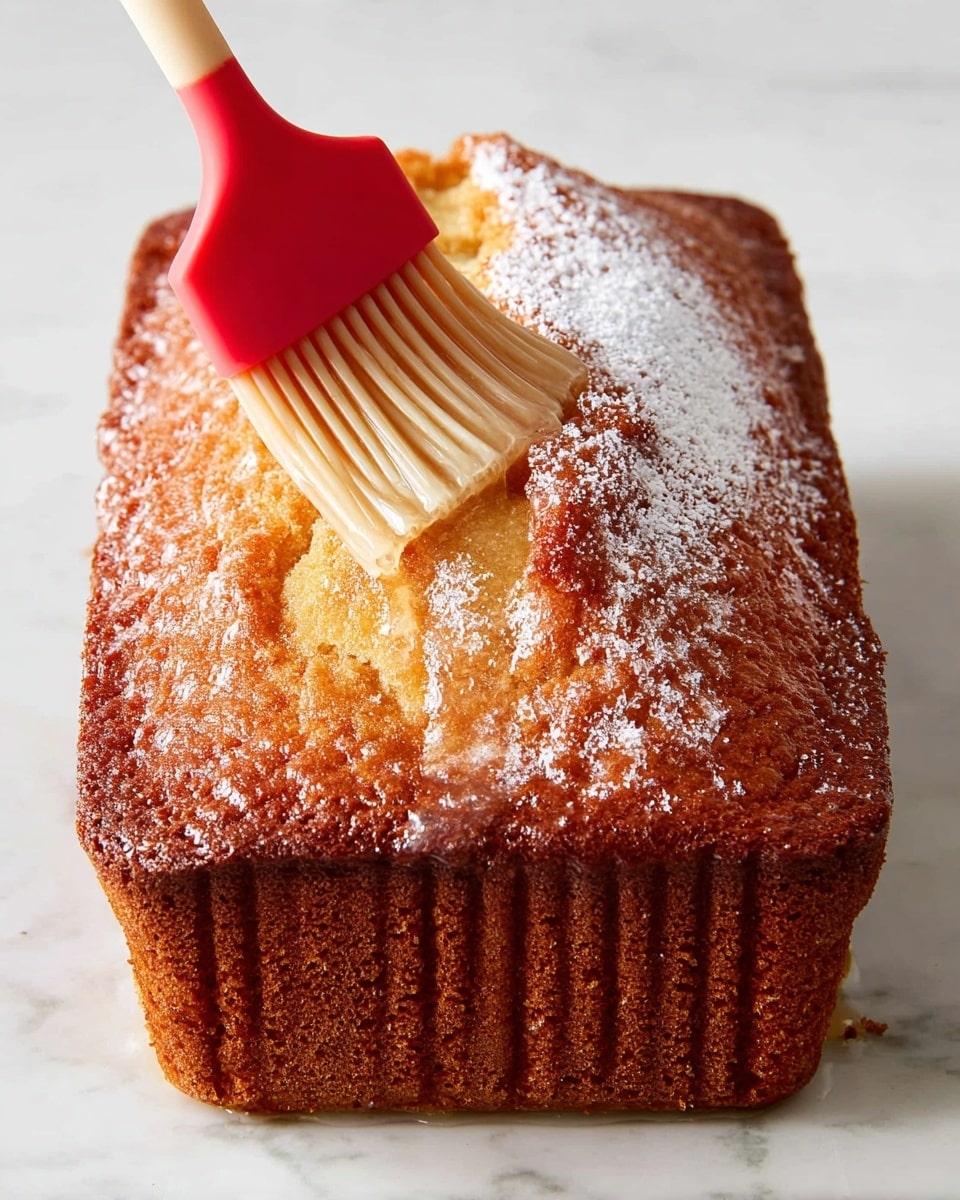 A golden-brown loaf cake with a slightly cracked top crust sits on a white marbled surface. In the first layer, a red silicone brush with beige handle is brushing a shiny glaze on the top center of the loaf. In the second layer, the cake is being dusted with white granulated sugar falling softly over the glossy top, creating a light sparkling effect. The loaf’s sides are richly browned and textured, showing a crisp outer crust. photo taken with an iphone --ar 4:5 --v 7
