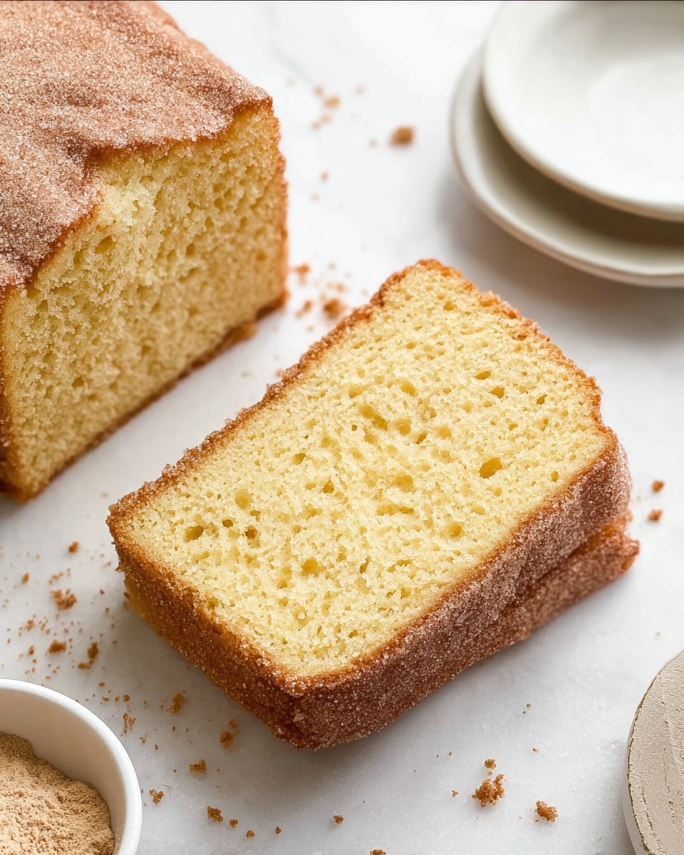 A rectangular loaf cake is shown from above, with a rough, slightly uneven surface covered in a light layer of granulated sugar giving it a sparkling texture. The cake has a warm golden brown color with a darker brown dusting around the edges. It is placed on white parchment paper on top of a rustic wire cooling rack, all set against a white marbled background. To the right side of the cake, there is a butter knife with a dark wooden handle and a slightly worn silver blade, resting on the surface. In the top left corner, a small white bowl filled with granulated sugar mixed with cinnamon powder is visible. Photo taken with an iphone --ar 4:5 --v 7