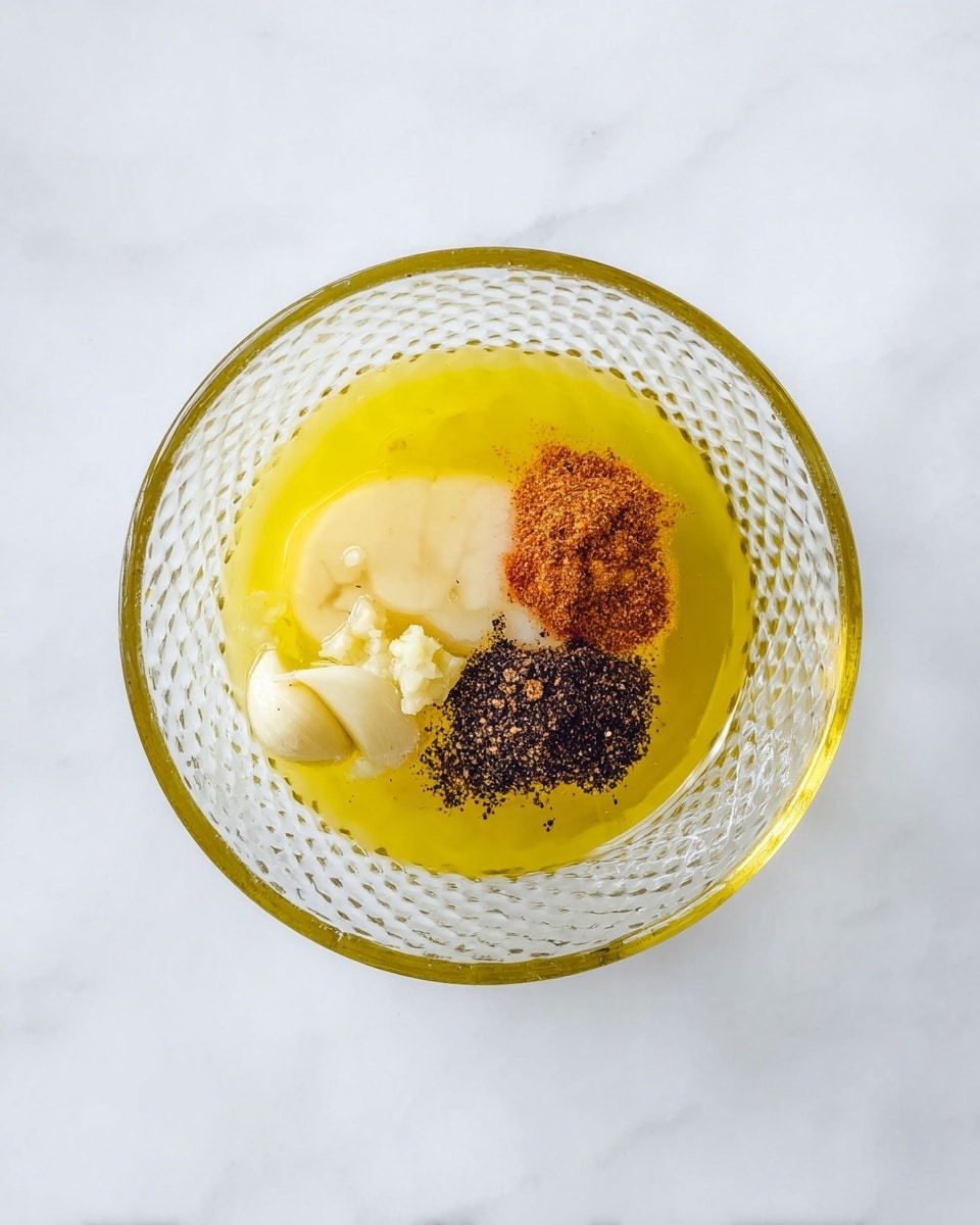 A clear glass bowl sits on a white marbled surface, holding a few simple ingredients layered separately. The bottom layer is a pool of bright yellow olive oil. On top of the oil, there is a pale yellow liquid, slightly thick in texture, covering part of the oil. To the left side near the center, there are small, creamy white pieces that look like minced garlic. On the right side of the bowl, two separate piles of ground spices are visible—one is dark brownish-red and the other is black pepper, both resting on the olive oil layer. The bowl’s glass rim has a textured pattern that adds visual interest. photo taken with an iphone --ar 4:5 --v 7