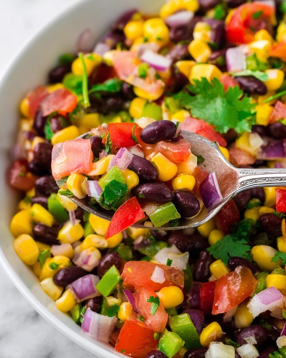 A close-up view of a colorful salad in a white bowl shows many small layers mixed together including bright yellow corn, black beans, chopped red tomatoes, diced green bell peppers, and finely chopped purple onion. A slice of fresh lime and a small sprig of green cilantro rest on top, adding a fresh touch. The salad has a fresh, juicy texture, and it sits on a white marbled surface photo taken with an iphone --ar 4:5 --v 7