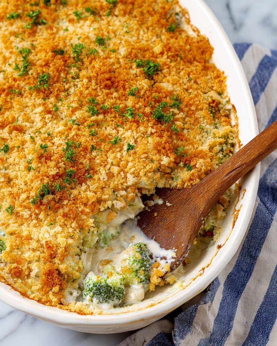 A white oval dish holds a creamy broccoli casserole covered with a thick layer of golden brown, crumbly cracker crumbs sprinkled with small green parsley pieces on top. The hidden layer below shows bright green broccoli stems mixed in a thick, white creamy sauce with a smooth, soft texture. A wooden spoon scoops out some of the casserole on the bottom right, revealing the layers underneath. The dish sits on a white marbled surface with a blue and white striped cloth nearby. photo taken with an iphone --ar 4:5 --v 7